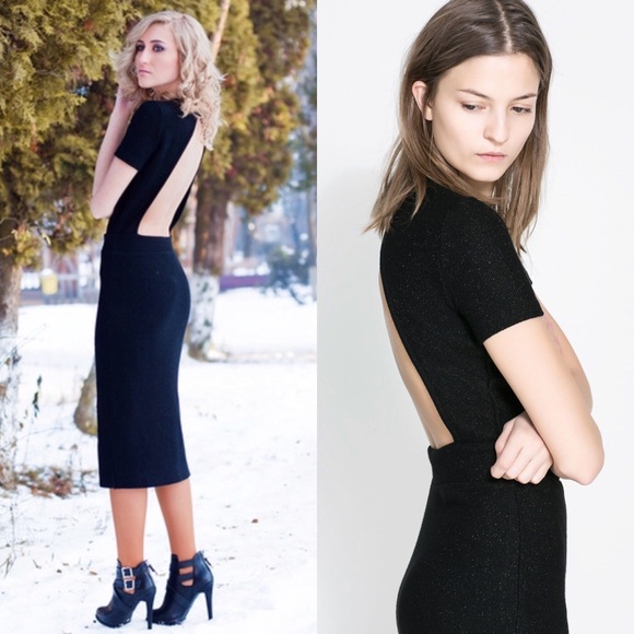 Zara Dresses & Skirts - NWT Zara knit black shimmer midi dress open back